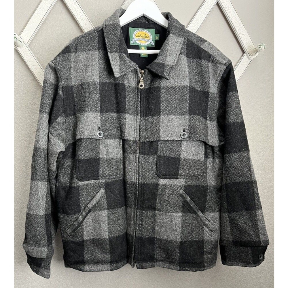 Cabela's Men's L Double Mackinaw Wool Jacket Gray/Black Plaid Hunting